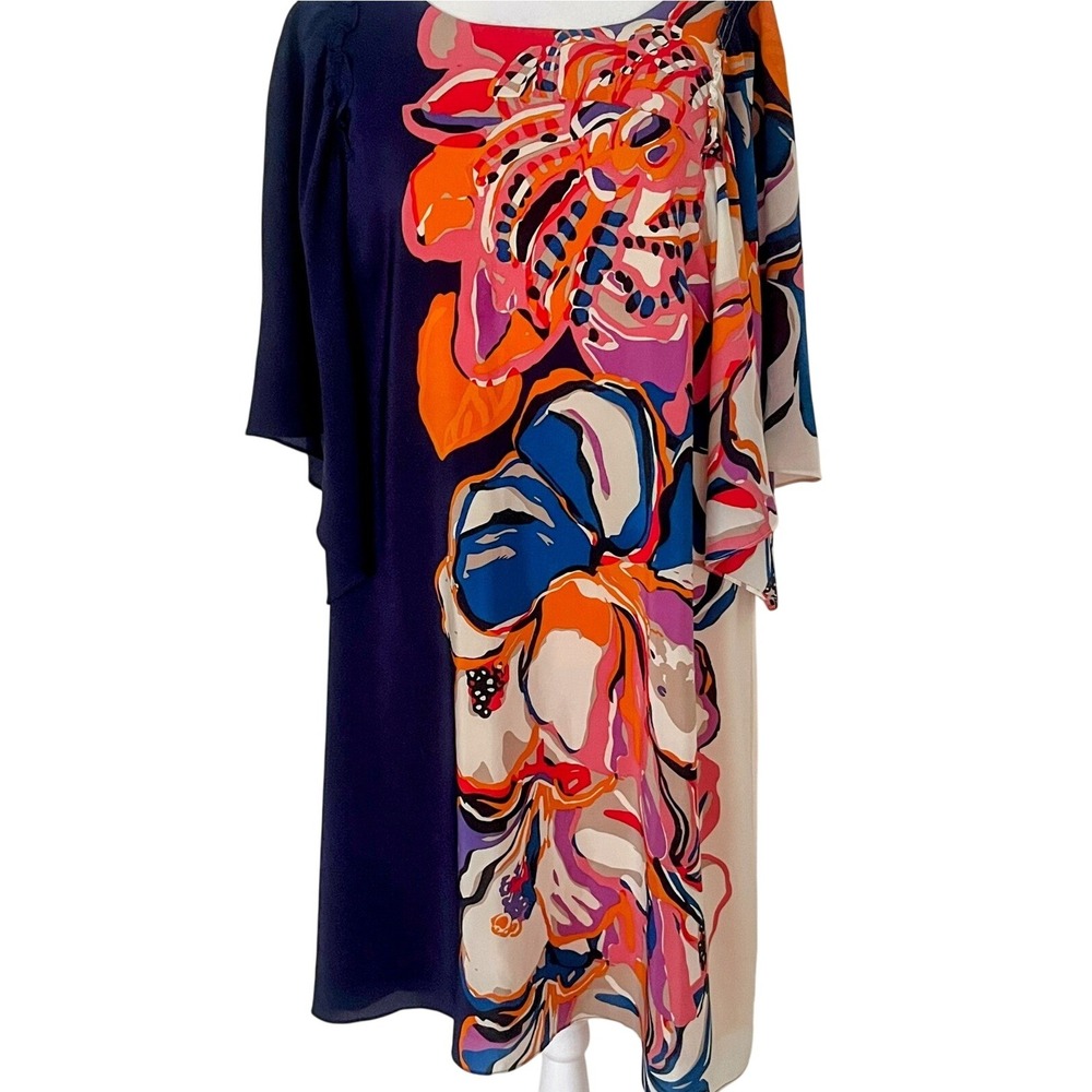 Anthropologie Maeve VERO silk ruffle sleeves floral shift shirt blue dress Large
